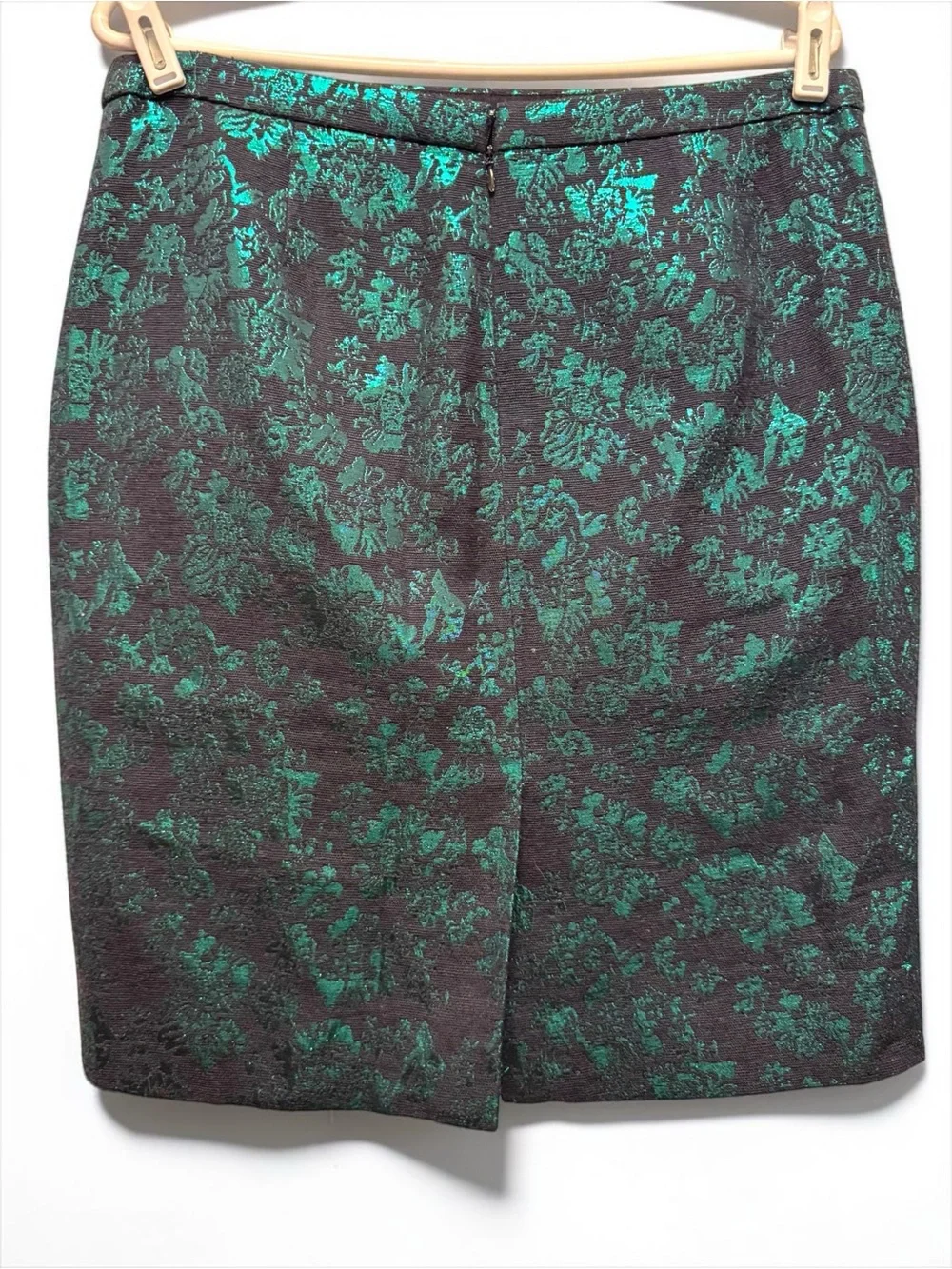 J. Crew Factory The Pencil Skirt Metallic Green Floral Jacquard 10